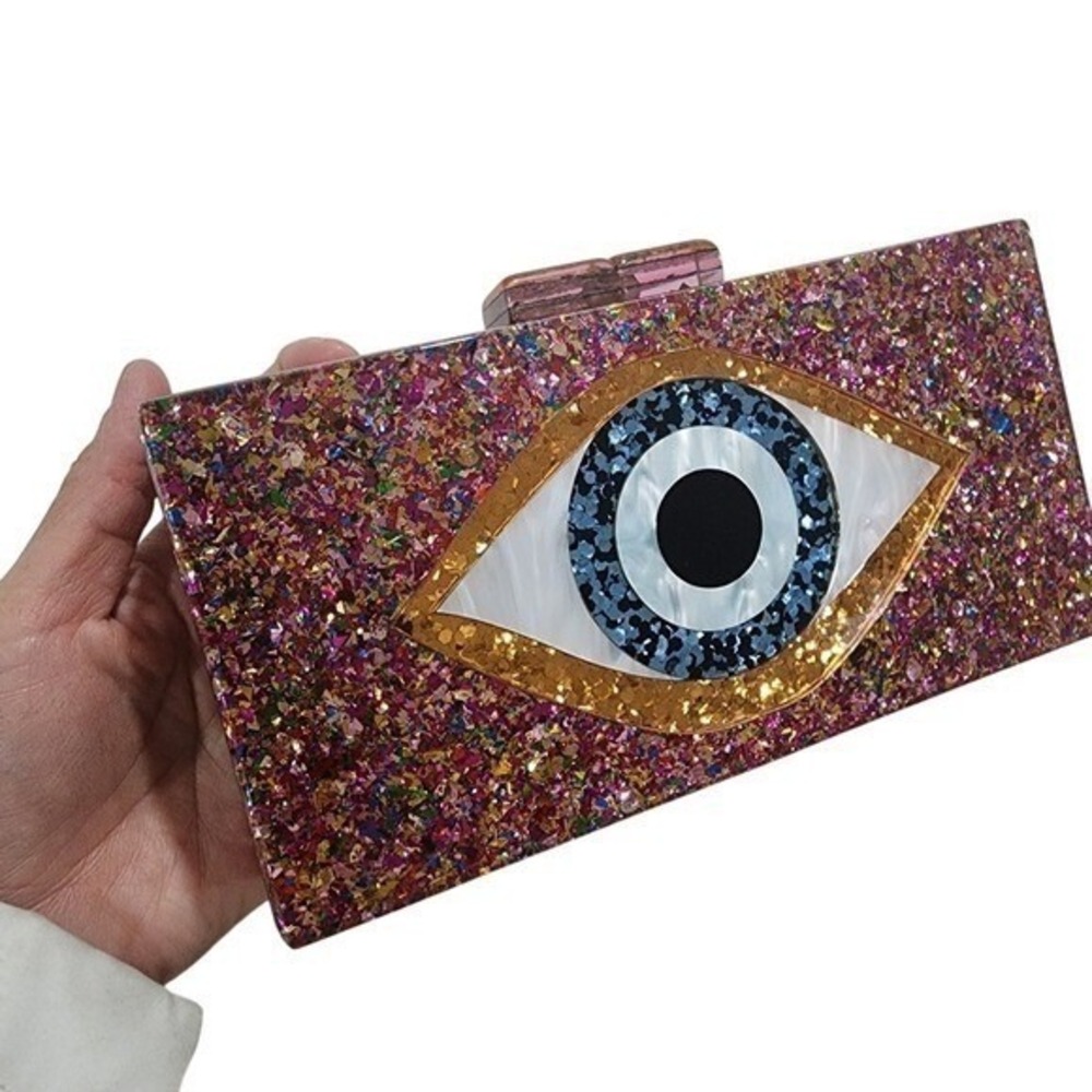 Evil Eye Clutch Womens Small Pink Glitter Statement Party Bag Boho Party Gala - Picture 10 of 10